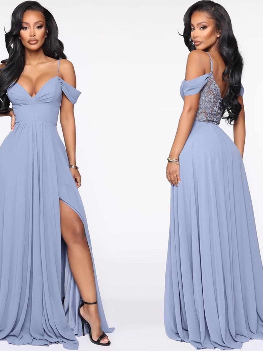 Fashion Nova Dusty Blue Off-Shoulder Chiffon Prom Gown